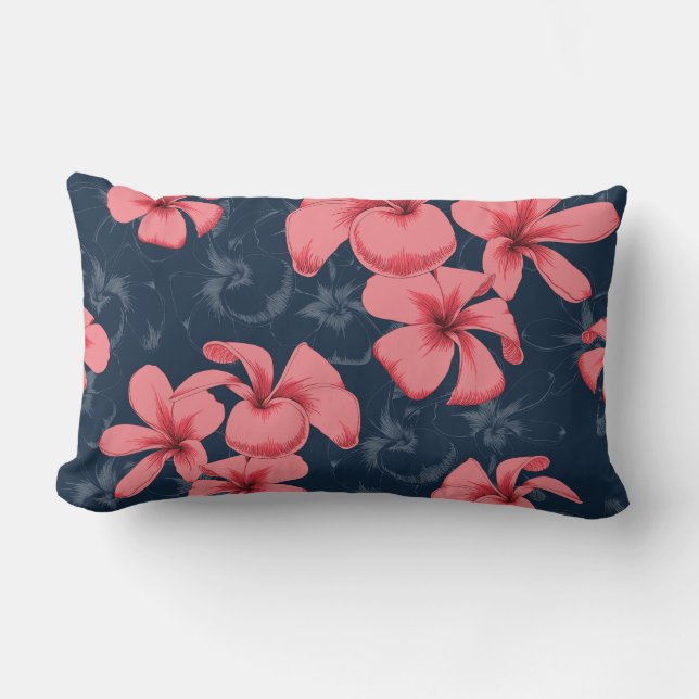 Rosa Blue illustrerade Pillow med Flowers Lumbarkudde (Framsida)