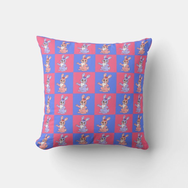Rosa Blue Kawaii Cute Checkered Bunny Rabbit Kudde (Framsida)