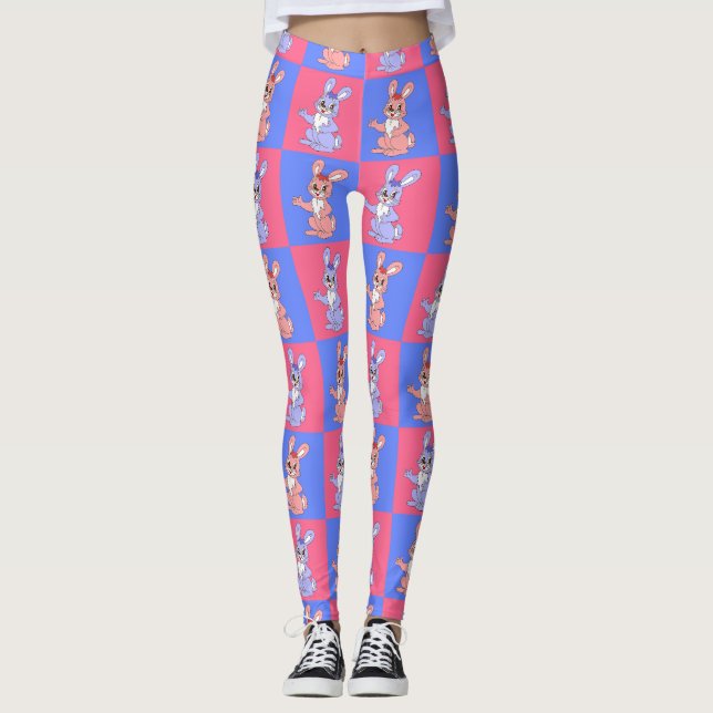 Rosa Blue Kawaii Cute Checkered Bunny Rabbit Leggings (Framsida)