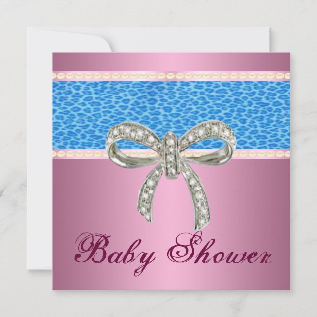 Rosa Blue Leopard Diamond Bow Baby Shower Inbjudan (Framsida)