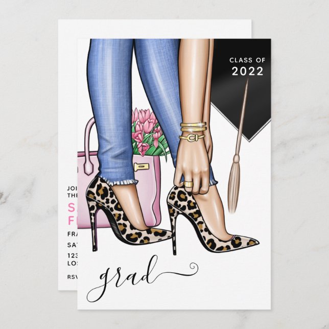 Rosa & Blue Leopard Mode Girl Studentfest Inbjudningar (Fram/baksida)