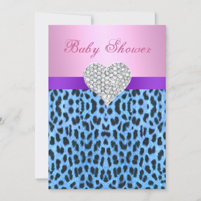 Rosa Blue Leopard Skriv ut Heart Baby Shower Inbju Inbjudningar (Framsida)