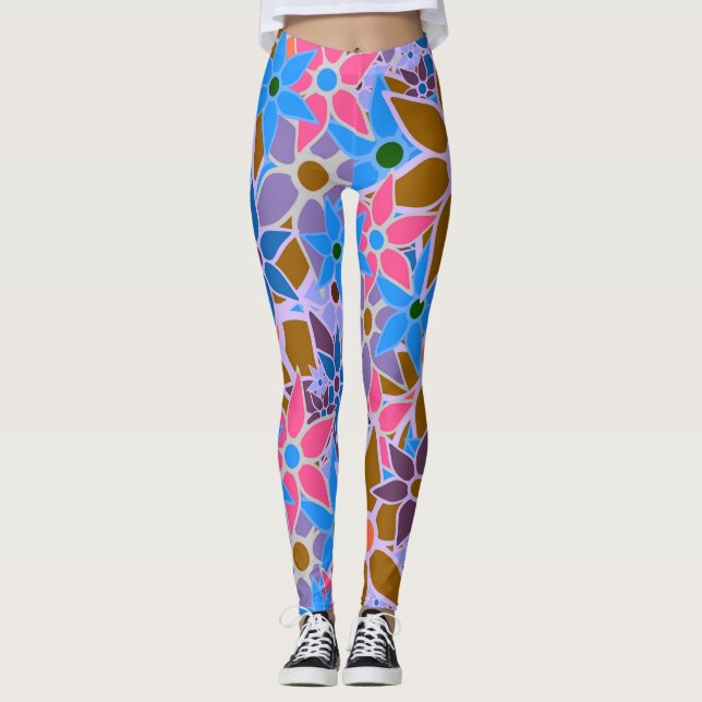 Rosa Blue Lila Blommigt #7 Leggings (Framsida)