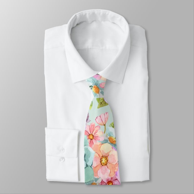 Rosa Blue Ljust grönt blommigt bröllop Neck Tie Slips (Bunden)
