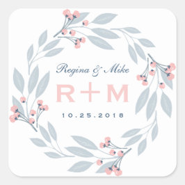 Rosa Blue Löv Blommigt WandeWedor Favor Sticker Fyrkantigt Klistermärke