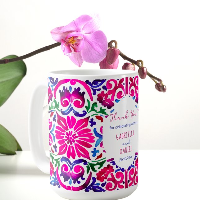 Rosa Blue Majolica spansk mexikansk gåva Kaffemugg (Pink blue Mexican Spanish Talavera tiles favor gift personalized mugs colorful modern watercolor)