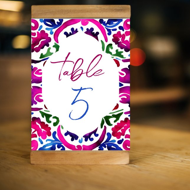 Rosa Blue Mexican pannor möhippa tabbarna Bordsnummer (Pink magenta blue Mexican Talavera tiles pattern table numbers personalized wedding bridal shower)
