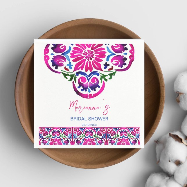Rosa Blue Mexican pannor möhippa tabbarna Pappersservett (Pink blue Maxican Talavera tiles bridal shower tableware personalized napkins modern watercolor)