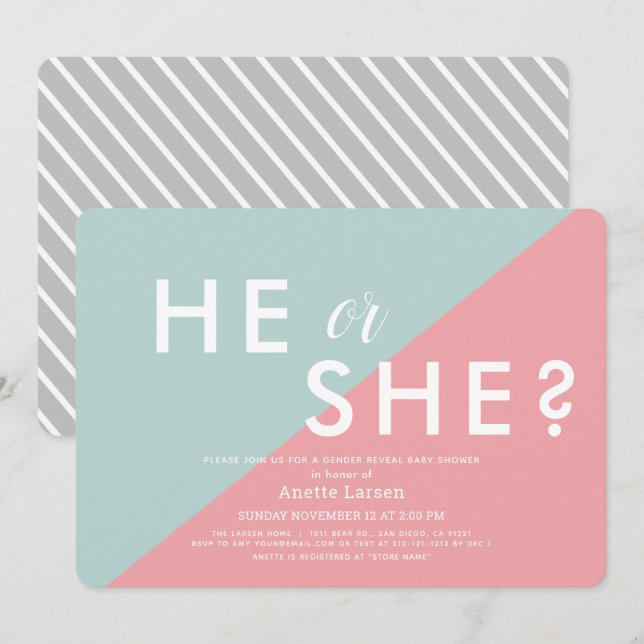 Rosa & Blue Modern Gender Reveal Baby Shower Inbjudningar (Fram/baksida)