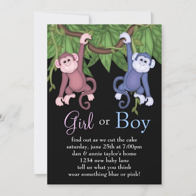 Rosa Blue Monkey Gender Reveal Party-inbjudningar Inbjudningar (Framsida)