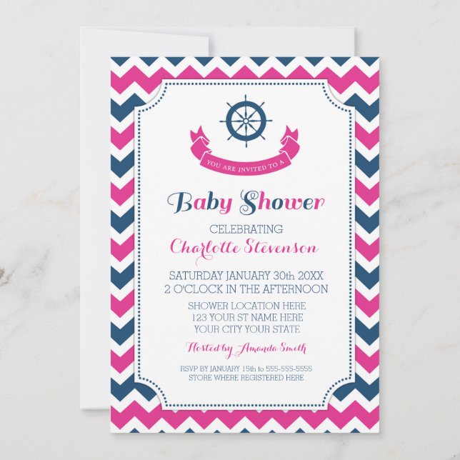 Rosa Blue Nautical Anpassningsbar Baby Shower-inbj Inbjudningar (Baksida)