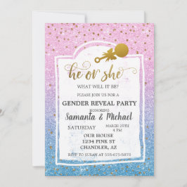 Rosa Blue Ombre Glitter Guld Gender Reveal Party Inbjudningar