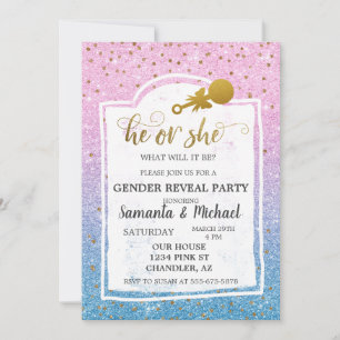 Rosa Blue Ombre Glitter Guld Gender Reveal Party Inbjudningar