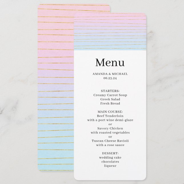 Rosa Blue Ombre med Thin Guld Linjer Bröllop Menu Inbjudningar (Fram/baksida)