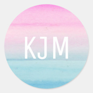 Rosa Blue Ombre Watercolor   Monogram Runt Klistermärke