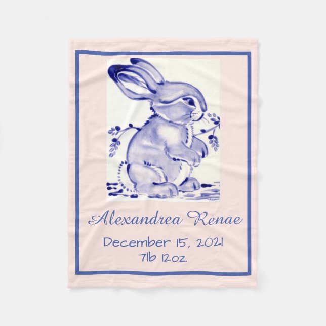 Rosa & Blue Pastel Baby Bunny Rabbit Personlig Fleecefilt (Framsidan)