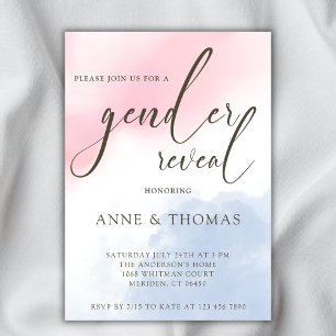 Rosa Blue Pastel Gender Reveal Party Inbjudningar