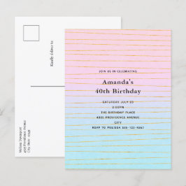 Rosa Blue Pastel Gradient med Guld Linjer födelsed Inbjudan Vykort