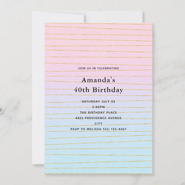 Rosa Blue Pastel Gradient med Guld Linjer födelsed Inbjudningar (Framsida)