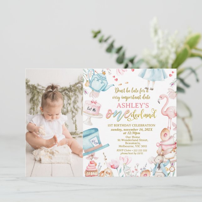 Rosa Blue Photo Alice Onederland 1:a födelsedagen Inbjudningar (Stående Fram)
