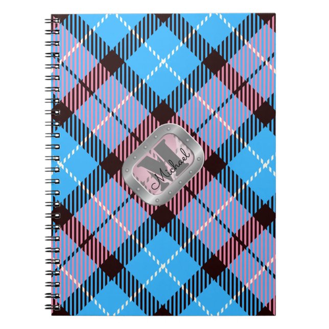 Rosa Blue Play Tartan Metallic Monogram-skript Anteckningsbok (Framsidan)