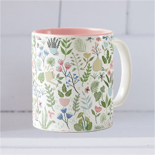 Rosa Blue Poted Plants Flowers Greenery Två-Tonad Mugg