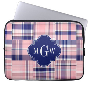Rosa, Blue Preppy Patchwork Madras Monogram Laptop Fodral