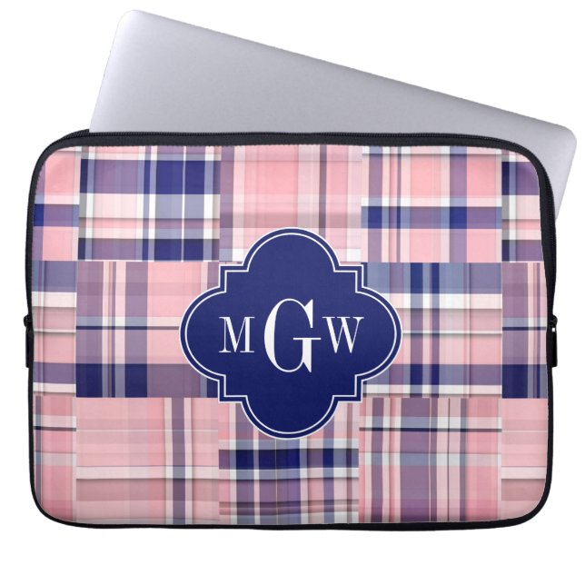 Rosa, Blue Preppy Patchwork Madras Monogram Laptop Fodral (Framsidan)