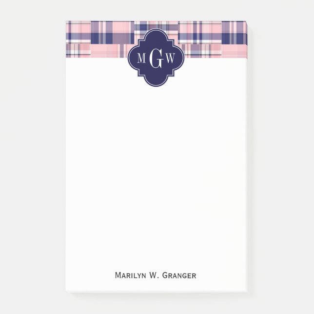 Rosa, Blue Preppy Patchwork Madras Monogram Post-it Block (Framsida)
