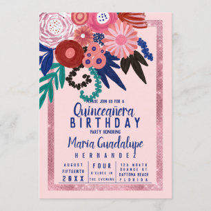 Rosa Blue Red Glitter Blommigt Acrylic Quinceañera Inbjudningar