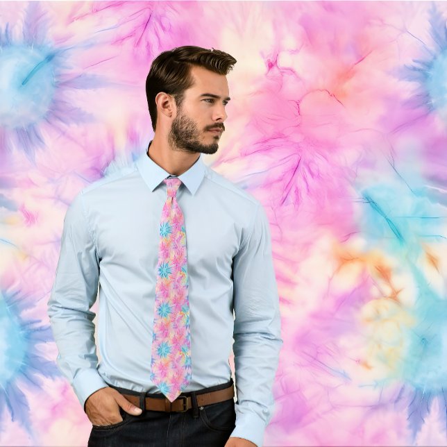 Rosa & Blue Retro Tie Dye Mönster Slips (Man wearing colorful pink tie-dye necktie. Background matches tie.)