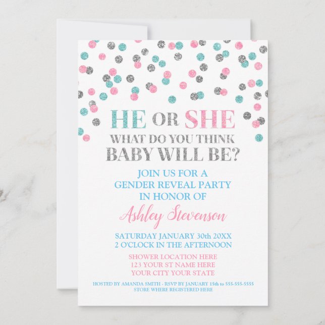 Rosa Blue Silver Confetti Gender Reveal Shower Inbjudningar (Baksida)