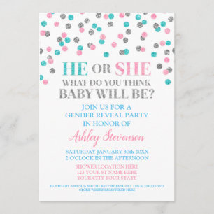 Rosa Blue Silver Confetti Gender Reveal Shower Inbjudningar