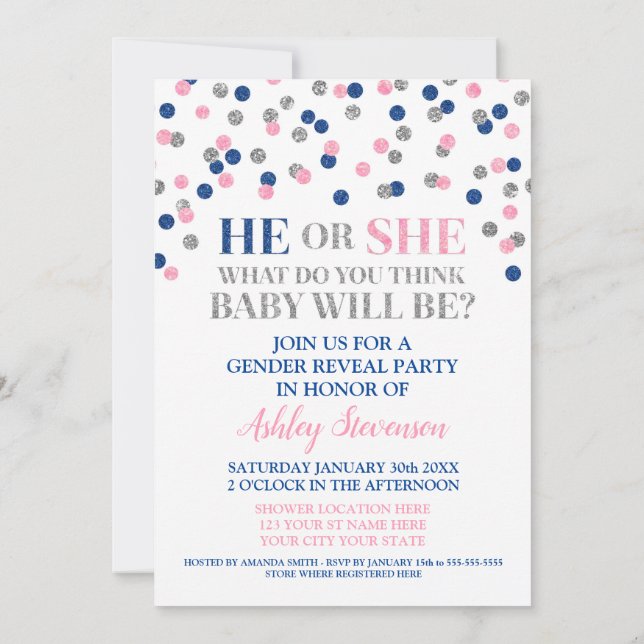 Rosa Blue Silver Confetti Gender Reveal Shower Inbjudningar (Baksida)