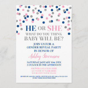 Rosa Blue Silver Confetti Gender Reveal Shower Inbjudningar