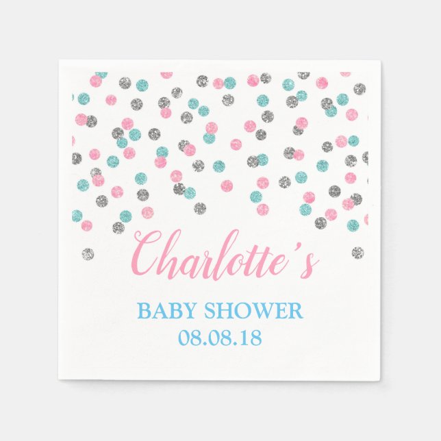 Rosa Blue Silver Dots Baby Shower Napkins Pappersservett (Framsidan)