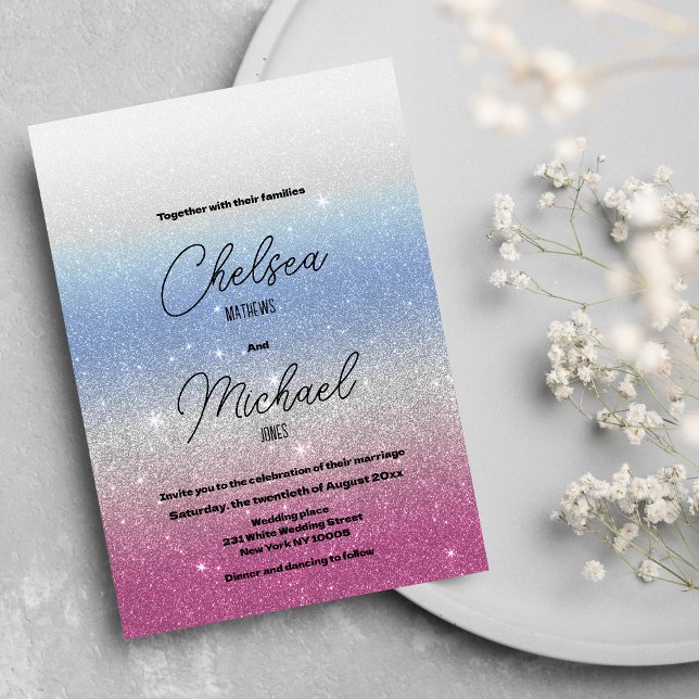 Rosa Blue silver ombre glam glitter bröllop Inbjudningar (Pink blue silver ombre glam glitter wedding)