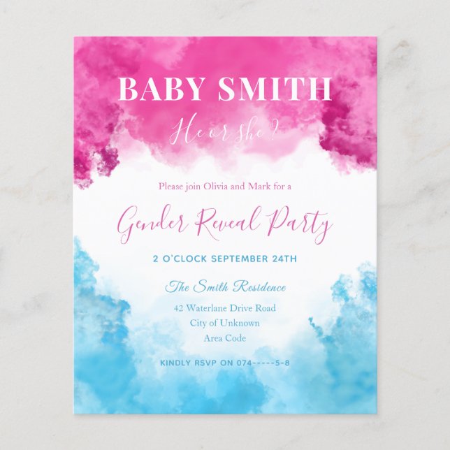 Rosa Blue Smoke Baby Gender Reveal bjudan (Framsida)