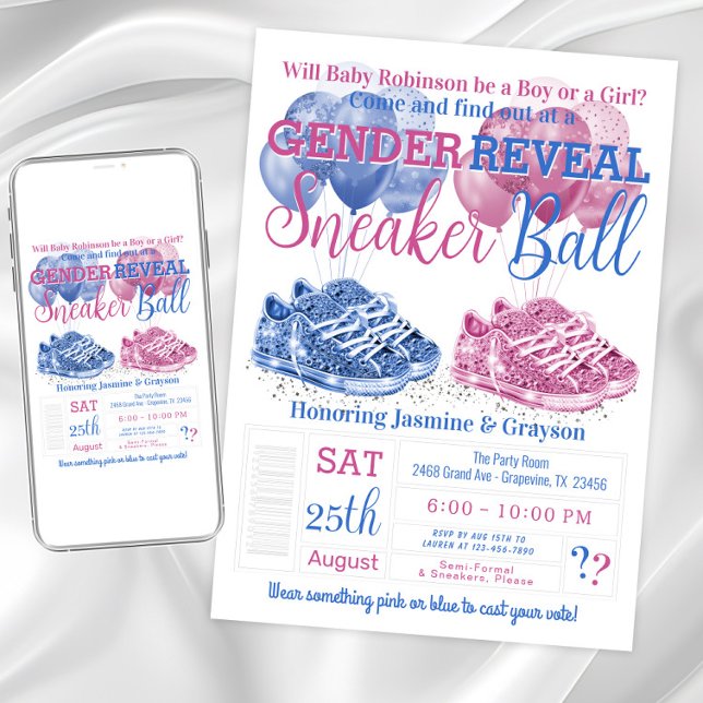 Rosa Blue Sneaker Boll Gender Reveal Baby Shower Inbjudningar (Sneaker ball gender reveal invitation with pink and blue sneakers and balloons. )