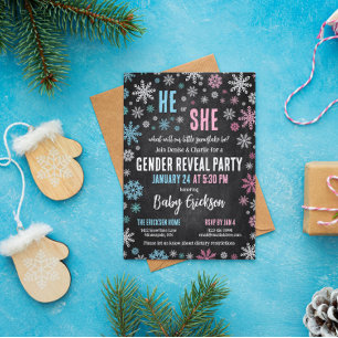Rosa Blue Snowflake Han eller hon Vinter Gender Re Inbjudningar