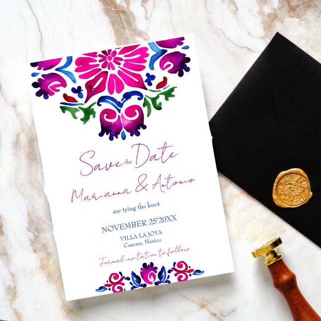 Rosa Blue Spain Talavera tiles bröllop Spara Datumet (Pink blue Spanish Talavera tiles wedding Save The Date Bold colorful save the date whimsical casual)