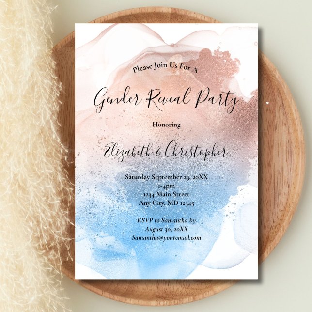 Rosa Blue Stänk Watercolor Gender Reveal Inbjudningar (Pink Blue Watercolor wash splash Gender Reveal Party Invitation)