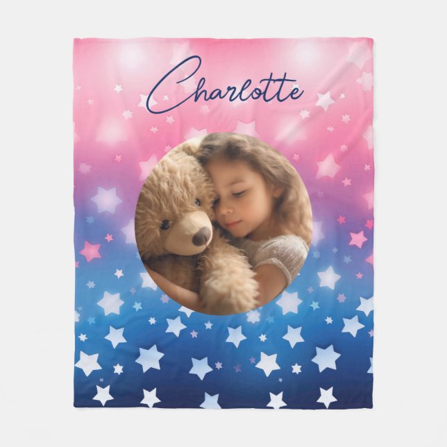 Rosa Blue Stars Anpassningsbar Photo and Namn Fleecefilt (Framsidan)