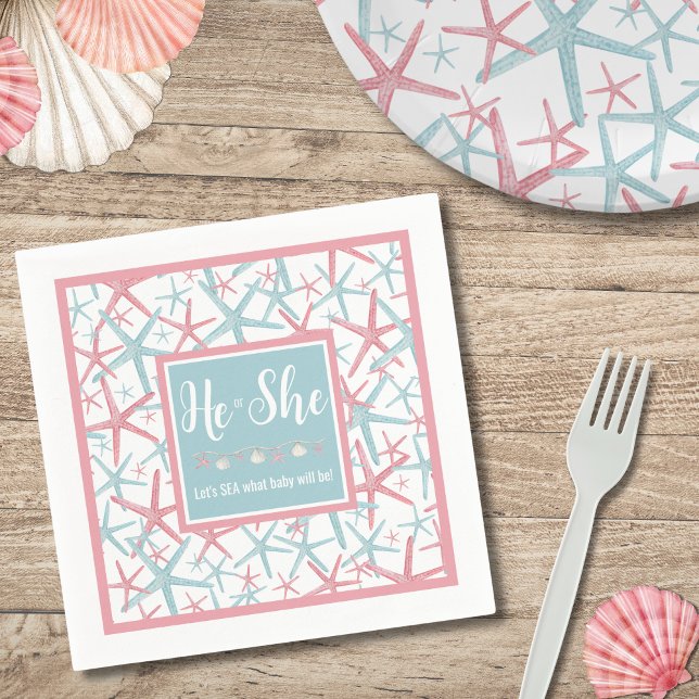 Rosa Blue Summer Gender Reveal Party Pappersservett (Cute Pink Blue Boy Girl He She Gender Reveal Party Napkins)