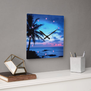 Rosa Blue Sunset Photo, Tropical Island Beach Ocea Fyrkantig Klocka