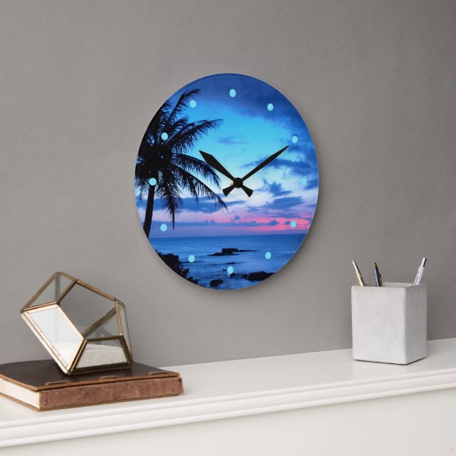 Rosa Blue Sunset Photo, Tropical Island Beach Ocea Stor Klocka (Kontor)