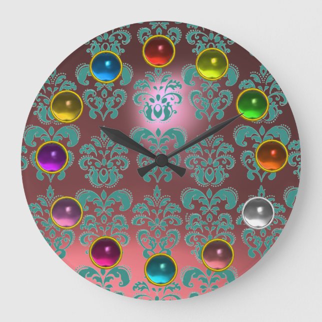 ROSA BLUE TEAL DAMASK OCH FÄRGFULLA 3D GEM-STONDER STOR KLOCKA (Framsida)