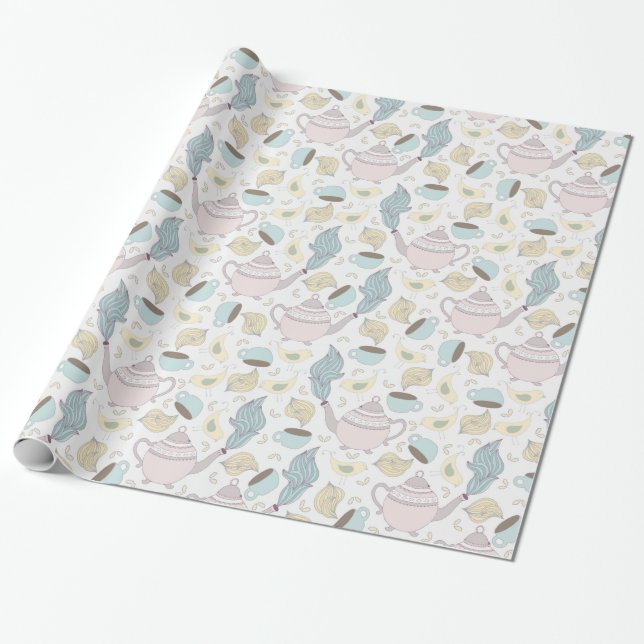 Rosa Blue Tekanna Tekopp Birds on White Presentpapper (Utrullad)