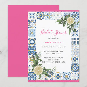 Rosa Blue Tile Mediterranean Lemon Möhippa Inbjudningar
