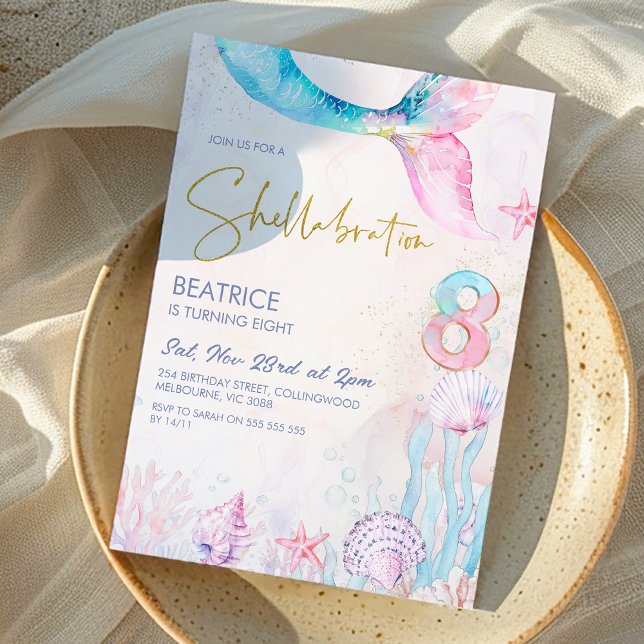 Rosa Blue Under Shellabrate 8:e födelsedagen Inbjudningar (Let's Shellabrate 8th Birthday Invitation Mermaid Tail Under the Sea, Seashells Pink Blue Whimsical)